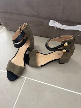 Michael Kors Olive Suede Block Heel Sandals with Black Straps